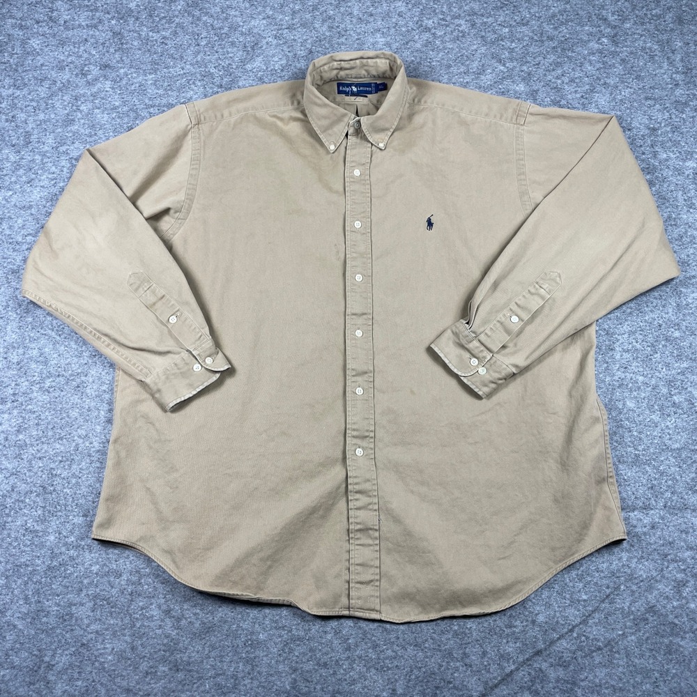 Ralph Lauren Button Down Shirt Mens XL Tan Khaki Cotton Twill Long Sleeve Pony